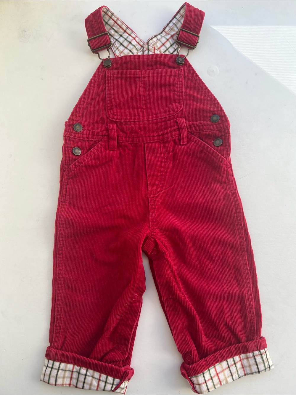 greendog Red Corduroy Overalls with Plaid Trim